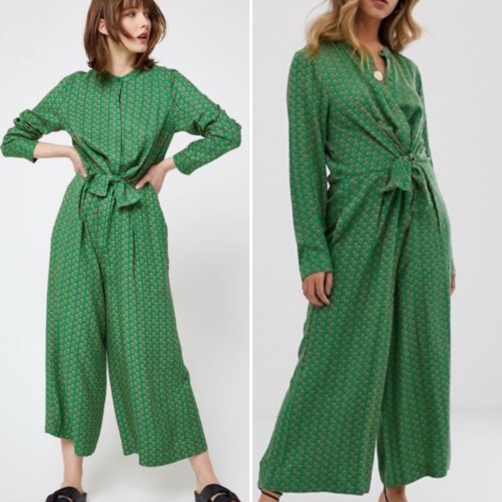 Scotch & Soda Bamboo Beach Jumpsuit XL Tie Front Kelly Green Paisley Wide Leg